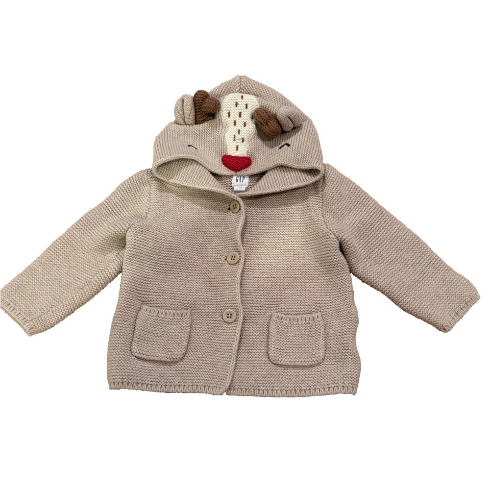Baby Gap Reindeer Sweater 6-12 Months Beige Tan Knit Button Christmas Holiday